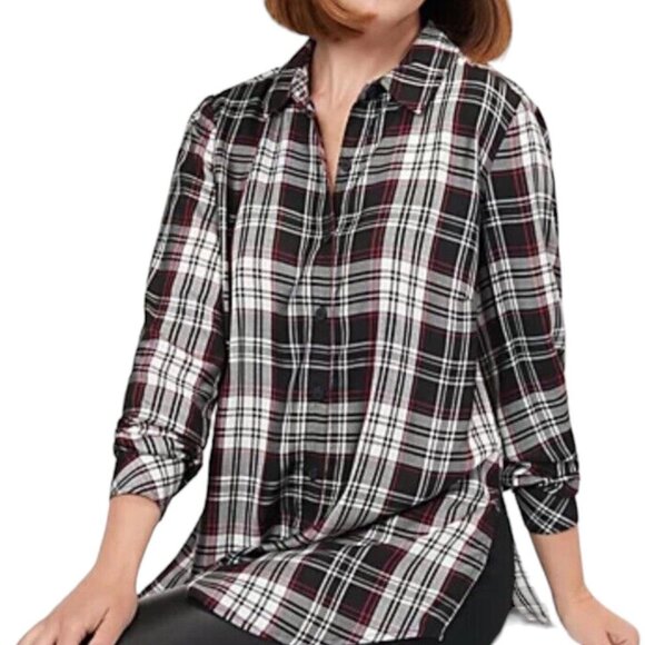 Susan Graver Yarn Dyed Button Front Shirt Keyhole Back XL Plaid NEW - Picture 1 of 8